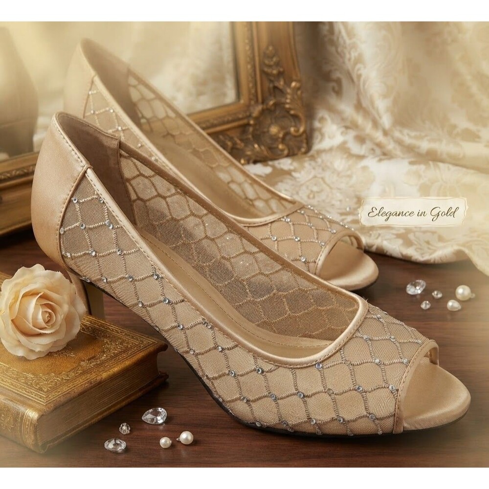 Alex Marie Womens 10M Gold Mesh Rhinestone Crystal Lattice Pumps Heels NWOT